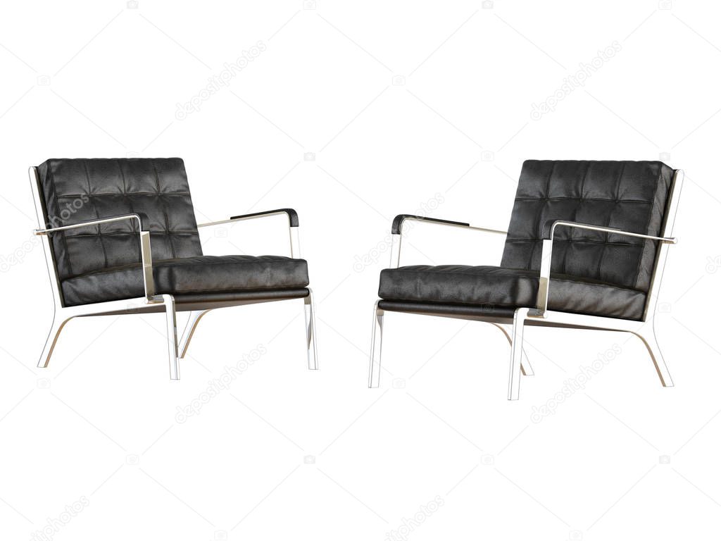 Two leather chairs made of black leather on a white background 3d rendering
