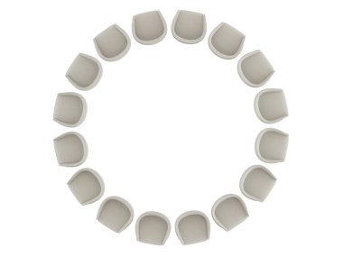 Beyaz bir arka planda 3d render bir daireye iki yastık ile yumuşak ışık koltuk duruyor