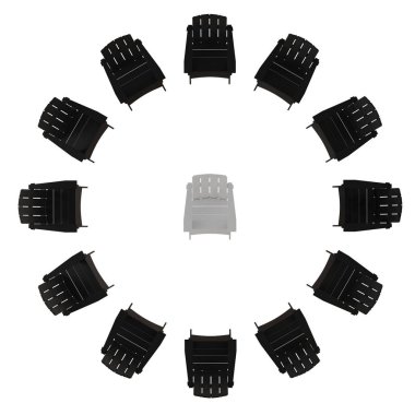 Bir beyaz koltuk üzerinde beyaz bir arka plan siyah koltuklar çevrili