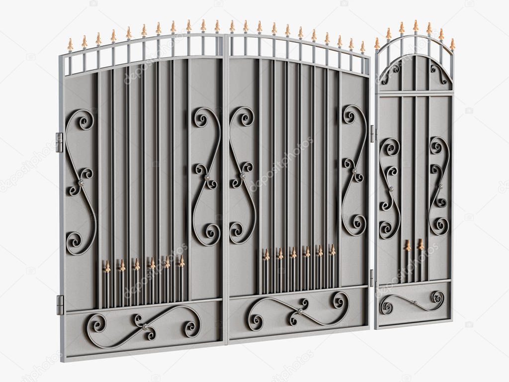 Black metal gates on a white background 3d rendering