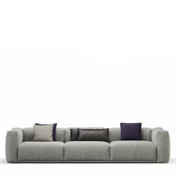 Dreisitziges Sofa Mit Kissen Auf Weißem Hintergrund Vorderseite Rendering — Stockfoto