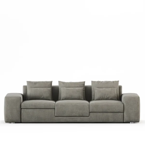 Dreisitziges Sofa Mit Kissen Auf Weißem Hintergrund Vorderseite Rendering — Stockfoto