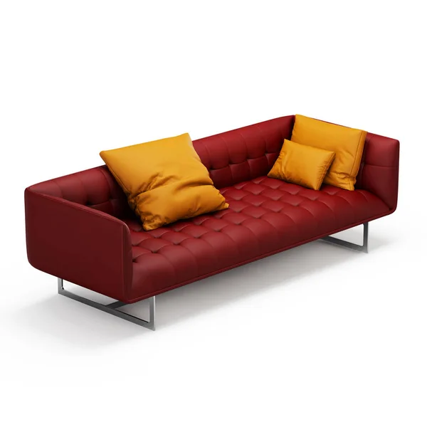 Red Leather Sofa Orange Pillows White Background Rendering — Stock Photo, Image