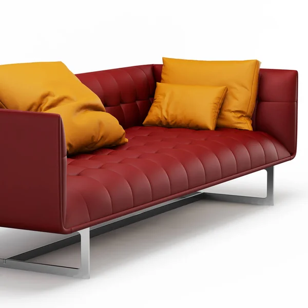 红色真皮沙发与橙色枕头在白色背景3D — 图库照片