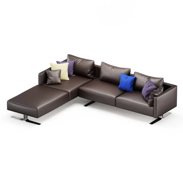 Brown Narożnik Skórzany Sofa Poduszkami Białym Tle Renderowania — Zdjęcie stockowe