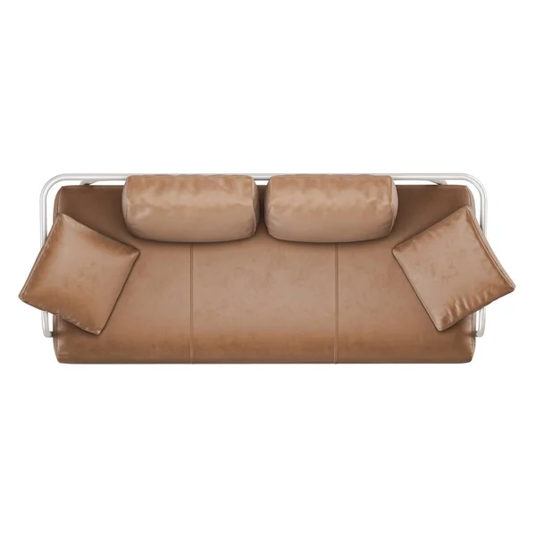 ホワイト バック グラウンド トップ ビュー 3 d レンダリングの枕が付いている茶色の革ソファー — ストック写真