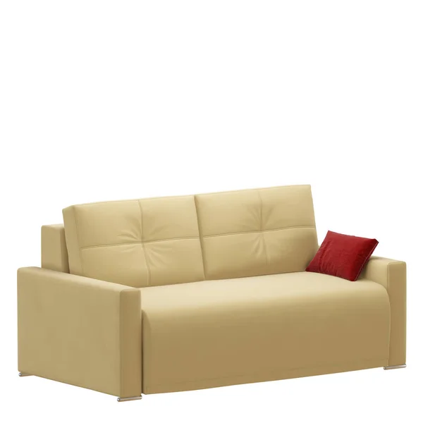 Gelbes Sofa mit rotem Kissen auf weißem Hintergrund 3d — Stockfoto