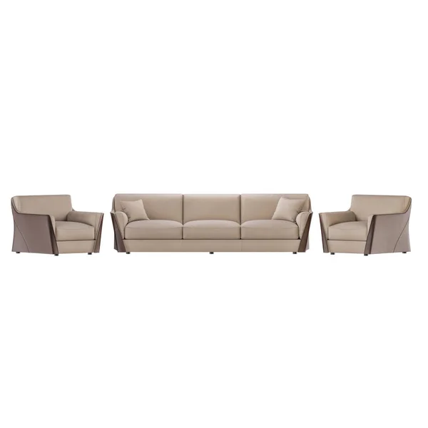 Canapé avec coussins et deux fauteuils tissu sur fond blanc 3d — Photo