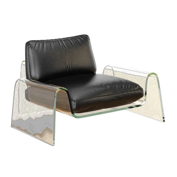 Black leather armchair on glass legs on a white background 3d — Stock Photo, Image