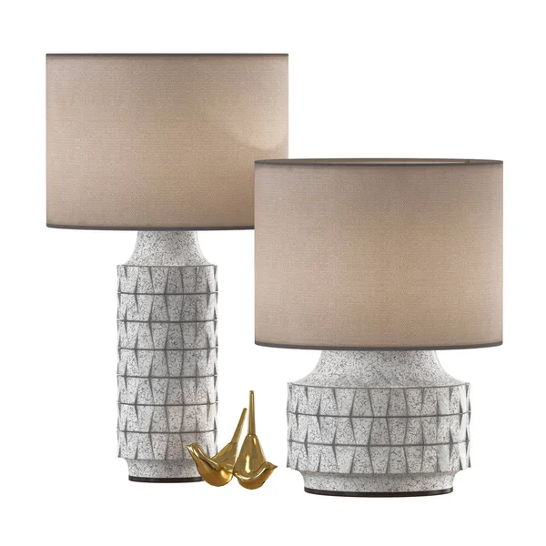 Zwei Tischlampen und zwei goldene Dekor Vögel isolierten Hintergrund 3d — Stockfoto