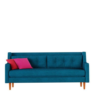 Beyaz arka plan 3d render ön görünüm üzerinde yastık ile Mavi kumaş kanepe