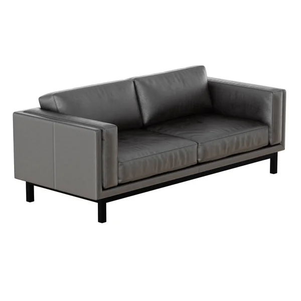 Schwarzes Ledersofa auf weißem Hintergrund 3d Rendering Frontansicht — Stockfoto