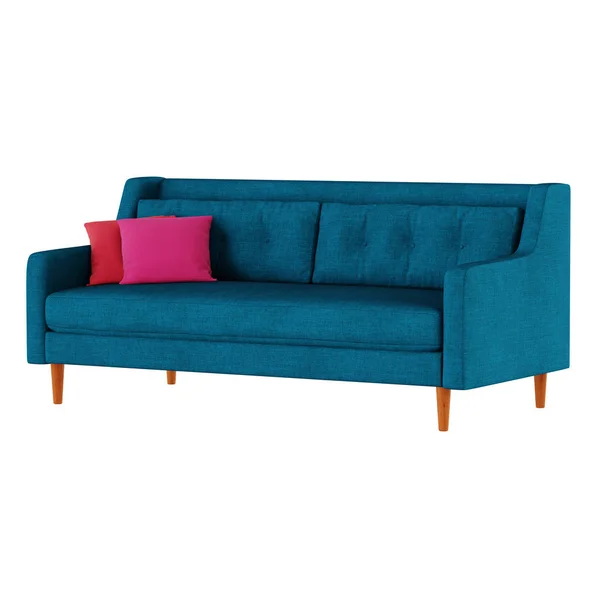 Синій тканинний диван з подушками на білому тлі 3d візуалізація вид спереду — стокове фото