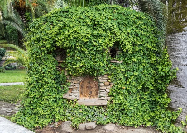 葉っぱの小さな茶色の木製のドア。公園樹木園 — ストック写真