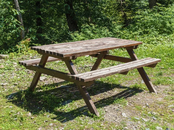 Ett gammalt bord och bänkar står på det gröna gräset i skogen — Stockfoto