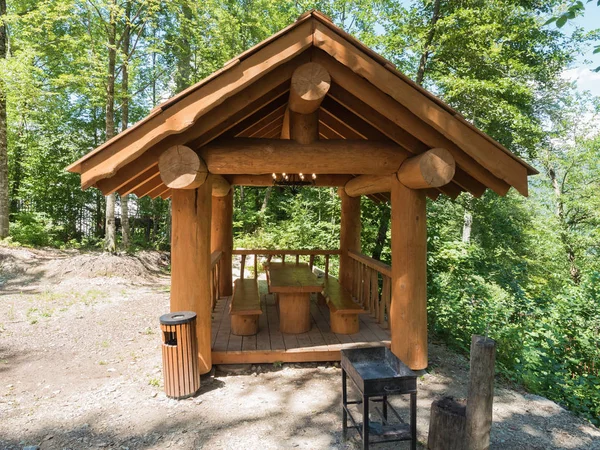 Hermosa casa de verano de un tronco de un gran árbol con barbacoa para barbacoa en el bosque — Foto de Stock