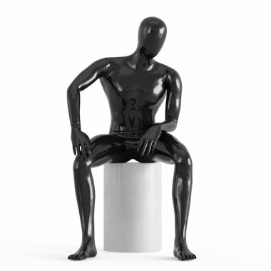 Siyah yüzsüz manken beyaz bir üst şapka üzerinde oturur. Siyah beyaz plastik 3d