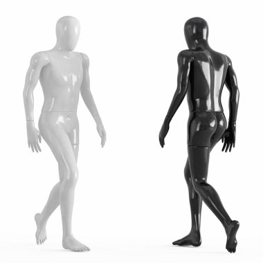 Parlak plastikten yapılmış siyah ve beyaz manken birbirine doğru 3d gitmek