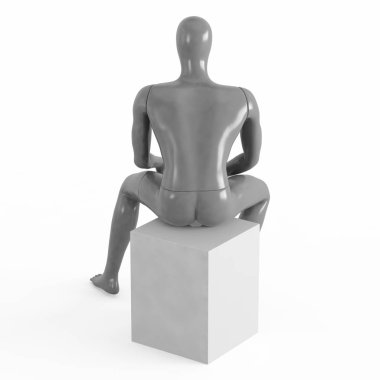 Gri manken sırtı öne dönük. Beyaz arka planda 3d işleme