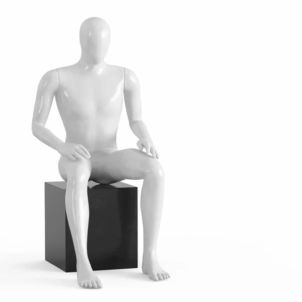 Белый безликий манекен сидит на черном ящике. Черно-белый пластик 3D — стоковое фото