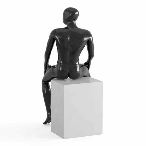 Schwarze männliche Schaufensterpuppe sitzt auf einem weißen Quadrat, hinten vorwärts Plastik 3d — Stockfoto