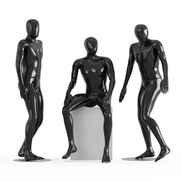 Три чорні манекени тримаються, один сидить. Чорно-білий пластиковий 3D — стокове фото