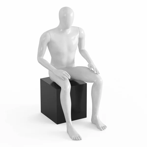 Un maniquí blanco sin rostro se sienta en una caja negra. Plástico blanco y negro 3D — Foto de Stock