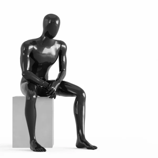 Un manichino nero senza volto siede su una scatola bianca. Rendering 3D in plastica in bianco e nero — Foto Stock