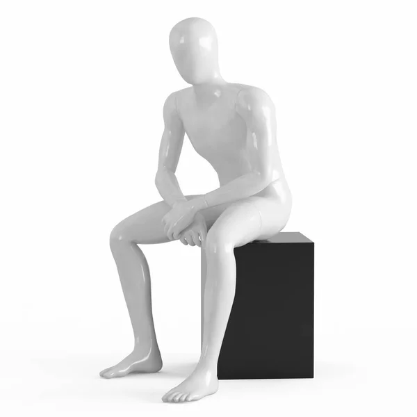 Un maniquí blanco sin rostro se sienta en una caja negra. Plástico blanco y negro 3D — Foto de Stock