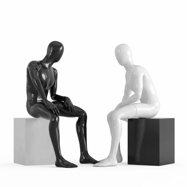 Manichino bianco e nero si siedono uno di fronte all'altro. 3D — Foto Stock