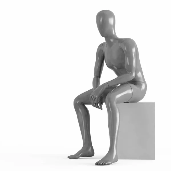 Een grijze mannequin zit op een witte doos. 3D-rendering op een witte achtergrond — Stockfoto