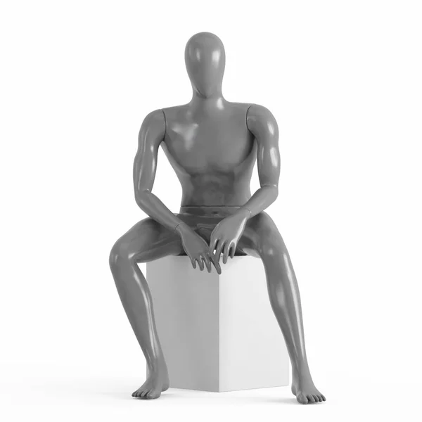 Šedá figurína se posadí dopředu. 3D vykreslování na bílém pozadí — Stock fotografie