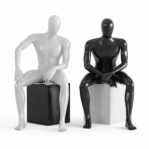 Δύο κούκλες χωρίς πρόσωπα κάθονται σε ένα μαύρο και άσπρο κουτί. Μαύρο και άσπρο πλαστικό 3D — Φωτογραφία Αρχείου