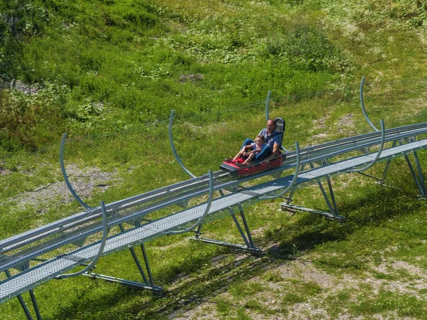 Father and son ride on Rodelbahn. Rosa Khutor. Height 1100 m. Russia Sochi 08 04 2019 — Stock Photo, Image