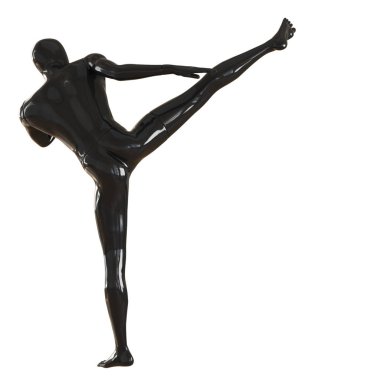 Siyah manken adam yan duruş yüksek bir tekme tekmeler. Beyaz bir arka plan üzerinde izole edilmiş. 3d render