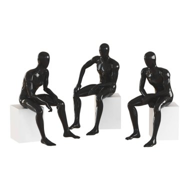 Üç siyah manken beyaz kutularda oturuyor. Beyaz arka plan 3d render yalıtılmış