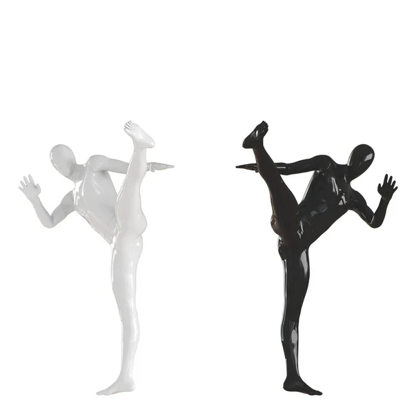 Μαύρο και άσπρο κούκλα που κλωτσάει ψηλά. Απομονωμένος σε λευκό φόντο. απόδοση 3D — Φωτογραφία Αρχείου