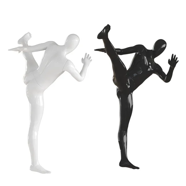 Black and white mannequin beat simultaneously high kick. Isolated on a white background. 3D rendering — Stock Photo, Image