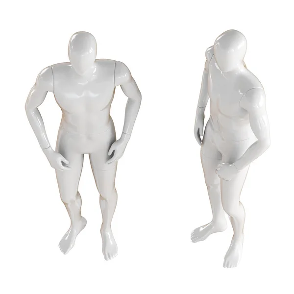 Deux mannequin homme blanc sans visage debout dans la pose libre habituelle, vue de dessus. Isolé sur fond blanc. rendu 3D — Photo