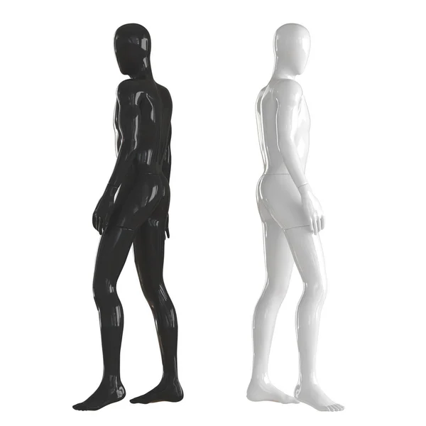 Чорно-білий манекен стоїть спиною один до одного. Ізольовані на білому тлі. 3D візуалізація — стокове фото