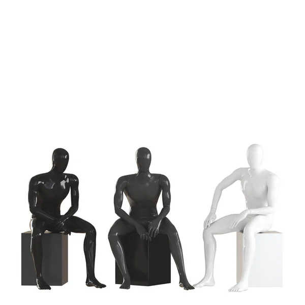 Mannequins hommes sans visage sont assis sur une boîte noire et blanche et grise. rendu 3D — Photo