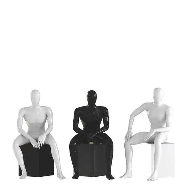 Manequins caras sem rosto estão sentados em uma caixa preta e branca. Isolado no fundo branco 3D renderização — Fotografia de Stock