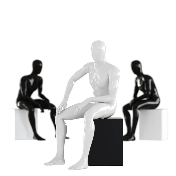 Manichino bianco ragazzo si siede su uno sfondo di due manichini neri. Profondità di campo effetto.rendering 3D — Foto Stock
