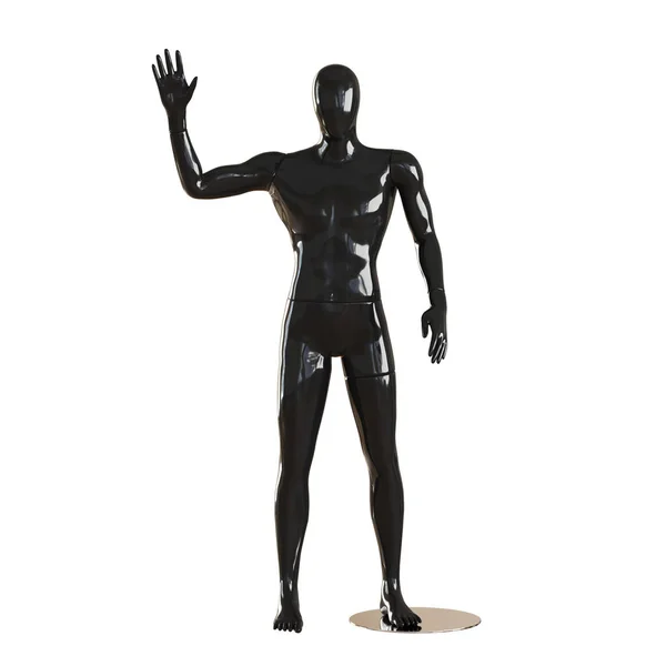 Un maniquí negro sin rostro se para y muestra un gesto de saludo con su mano derecha. Renderizado 3D — Foto de Stock