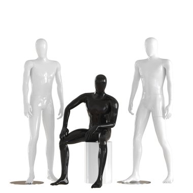 Bir siyah, yüzsüz manken adam beyaz bir kutu üzerinde oturur ve iki beyaz manken çocuklar her iki tarafta durmak. 3d render