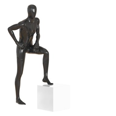 Siyah yüzsüz manken adam beyaz bir kutu üzerinde ayağıyla duruyor. 3d render