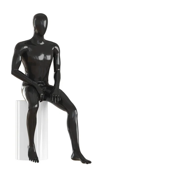 Un maniquí negro sin rostro se sienta en un taburete redondo blanco. renderizado 3d — Foto de Stock