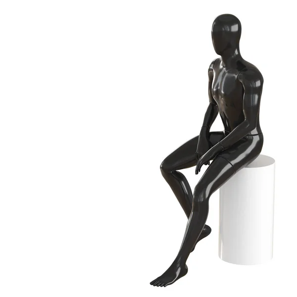 Un maniquí negro sin rostro se sienta en un taburete redondo blanco. renderizado 3d — Foto de Stock