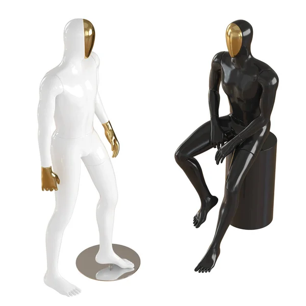 Mannequin de deux gars avec un visage doré dans une pose debout et assise. Rendu 3d — Photo