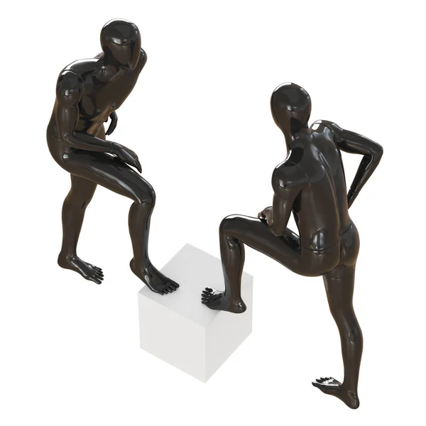 Dos maniquíes negros sin rostro se paran con los pies en una caja blanca. renderizado 3d — Foto de Stock